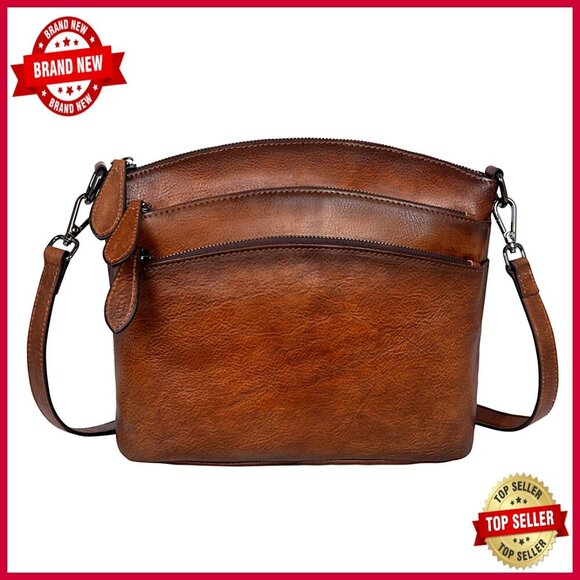 Handbags - Genuine Leather Crossbody Bag with Multiple Pockets, Adjustable Strap